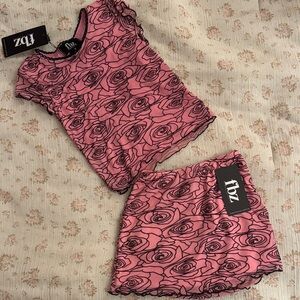 Flowers by Zoe Pink Rose Print Matching Top & Skirt Set